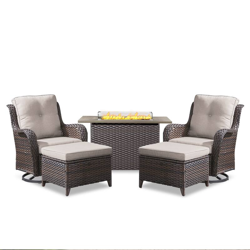 Fire Pit Table with Patio Glider Chairs Ottomans Brown-Beige - Brown