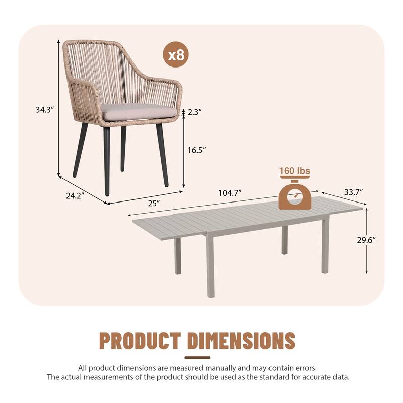9-Piece Expandable Aluminum Patio Dining Set with PE Twisted Rattan Chairs & Polyester Cushions