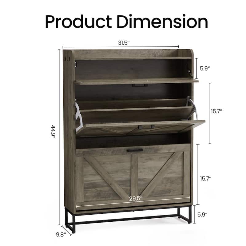 EROMMY Farmhouse Freestanding Shoe Cabinet with 2 Flip Drawers, Large Entryway Storage with Adjustable Shelves and Side Hooks