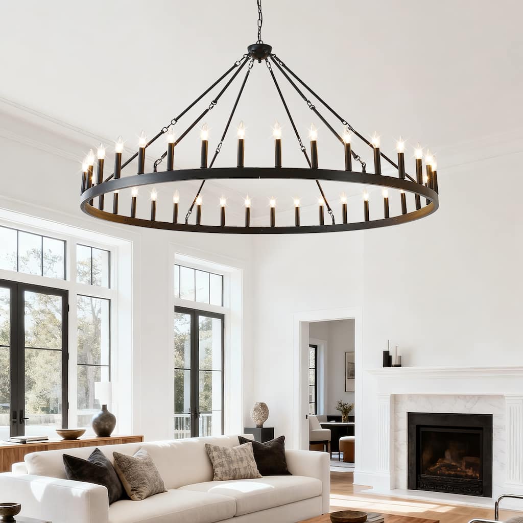63.8 INCH 36-Light Extra Large Wagon Wheel Chandelier, Black Farmhouse Round Wheel Chandelier Light Fixtures E12