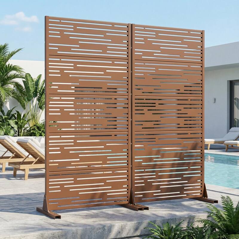 Outdoor Privacy Screen with Stand for Patio Garden Metal Fence Set of 2 - Brown - 59"x30"