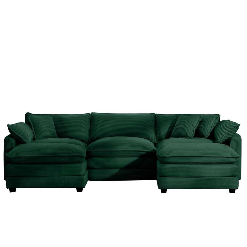 Plush Corduroy U-Shaped Modular Sofa with Convertible Ottoman - 3 Seat Sectional Sofa Bed