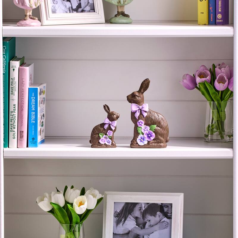 5-7.5" Resin Chocolate Bunny With Pansy Set of 2 - Brown