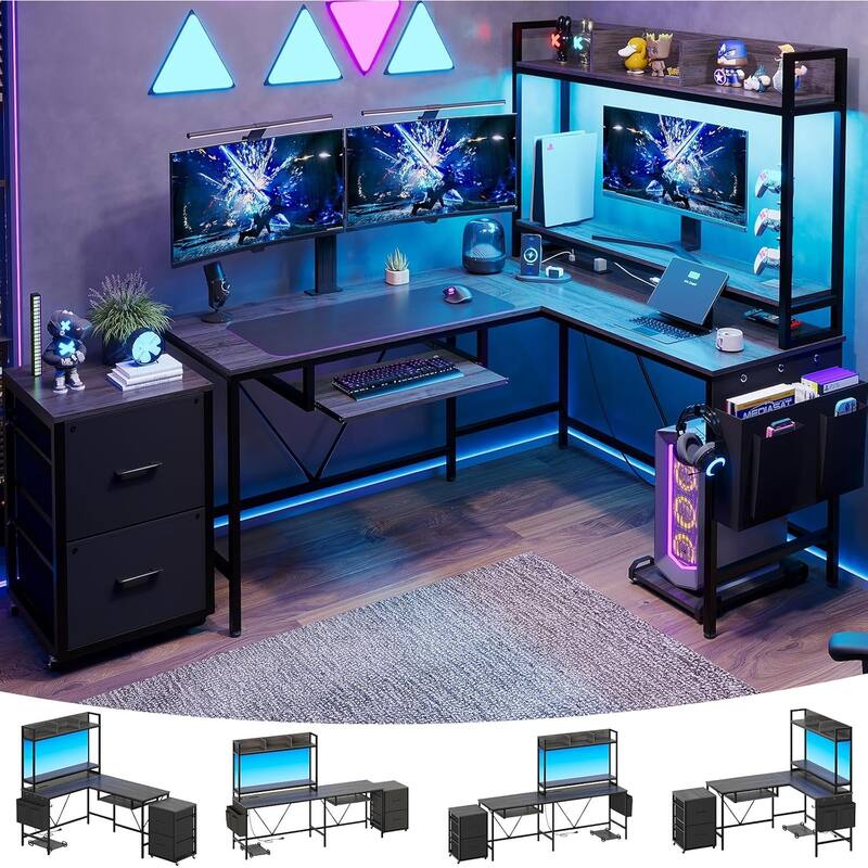 Reversible L Shaped Gaming Desk Power Outlet LED Light