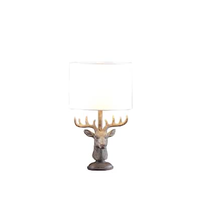 HomeRoots18" Antiqued Bronzed Stag Bust Table Lamp With White Drum Shade - 11