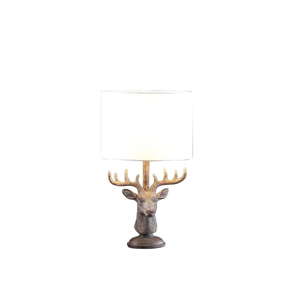 HomeRoots18" Antiqued Bronzed Stag Bust Table Lamp With White Drum Shade - 11