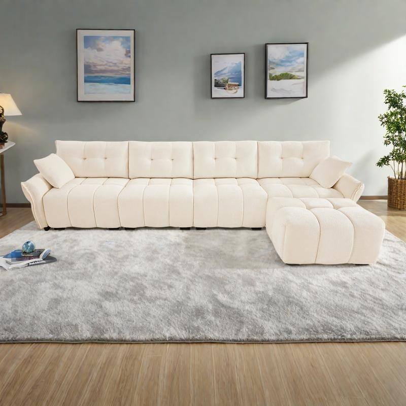 141.7" Chenille Modular 4-Seater Sectional Sofa with Ottoman, Solid Wood Frame and High-Resilience Cushions - White
