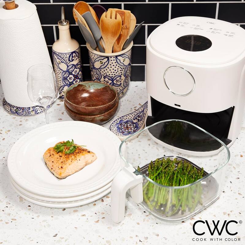 COOK WITH COLOR 1200W Air Fryer: Glass Basket, Dishwasher Safe, 60min Timer, 6 Presets, Temp Control 175F-400F, 4 - 5.5 QT