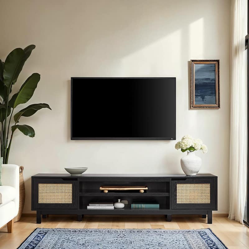 Middlebrook Designs Scandi Faux Rattan-Door TV Stand - Black