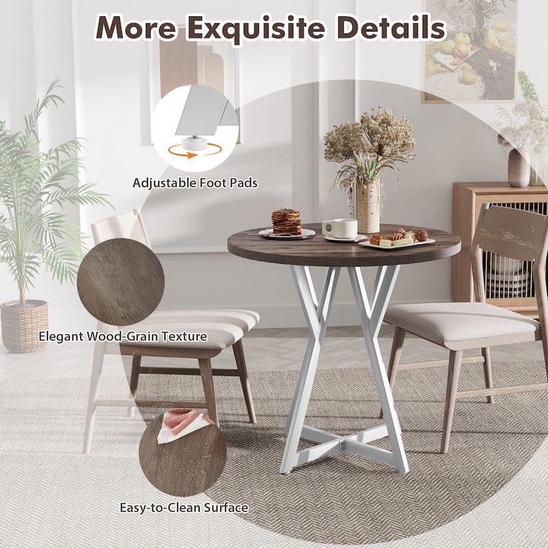 Gymax 31.5 Inch Round Dining Table for 2-4 Thick Wooden Tabletop Metal - Oak Gray, White