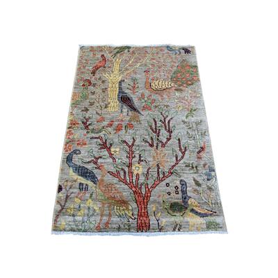 Stone Gray, Hand Knotted, Pure Wool, Afghan Peshawar with Birds of Paradise, Natural Dyes, Oriental Rug 3'2"x4'6" - 3'2" x 4'6"