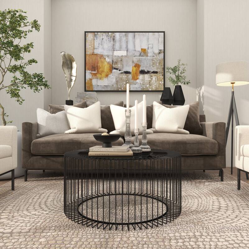 Metal Open Wire Frame Coffee Table with Shaded Glass Top - Black - Roche River Decor