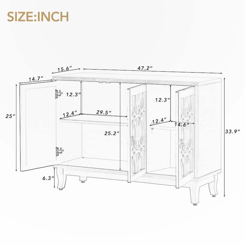 Sideboard with Glass Doors and Silver Handle for Living Room