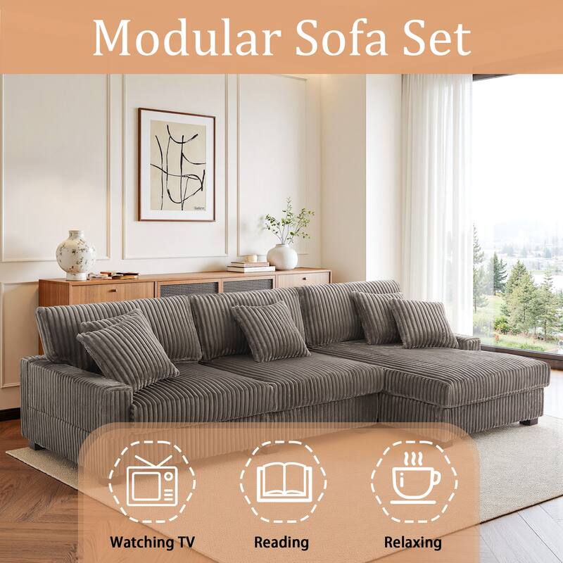 118.3" W Plush Corduroy Square Arm Upholstered Sectional Modular Sofa