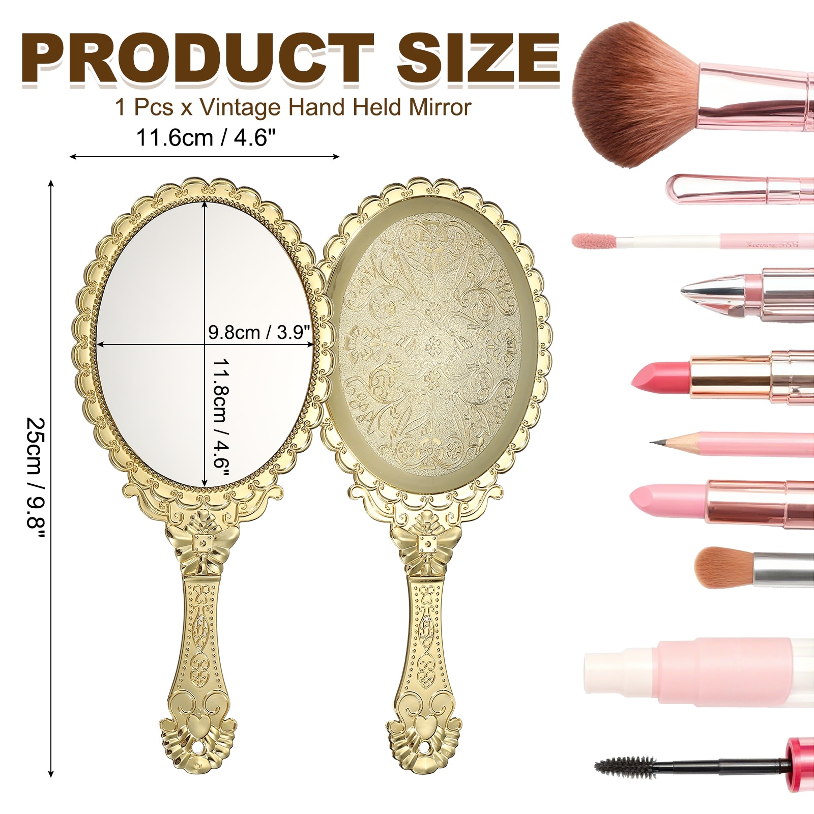 Vintage Hand Held Mirror, Embossed Design Portable Hand Vanity Mirrors Single Side with Hook Hole for Bathroom, Travel(Oval)