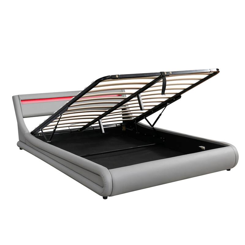 Queen Size Storage Bed Sleigh Bed Platform Bed with Hydraulic Storage System and LED Headboard Sleigh Design Low Profile Bed