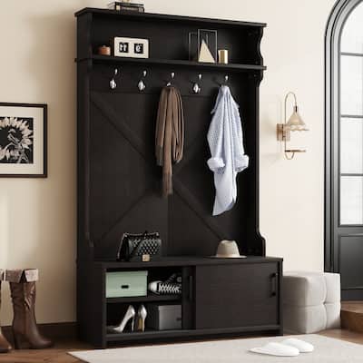 47.2"W Hall Tree Entryway Bench with Coat Rack with 5 Hanging Hooks and Shoe Cabinet