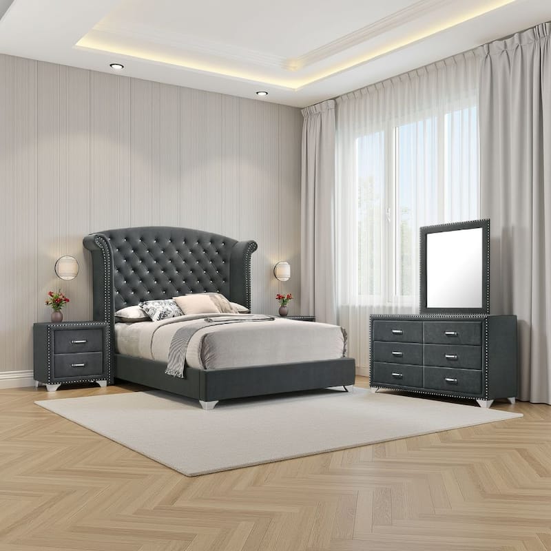Giya 4pc King Bedroom Set, Classic Tufted Dark Gray Velvet Upholstery