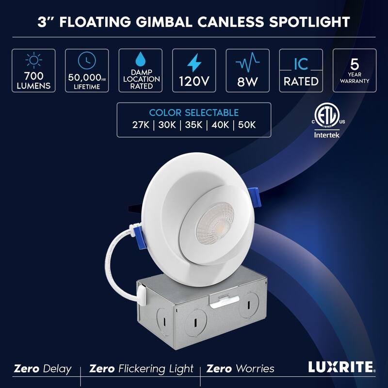 Luxrite 3 Inch Floating Gimbal LED Recessed Lighting with J-Box, CRI 90, 5CCT Dimmable, 8W ETL Listed 6 Pack