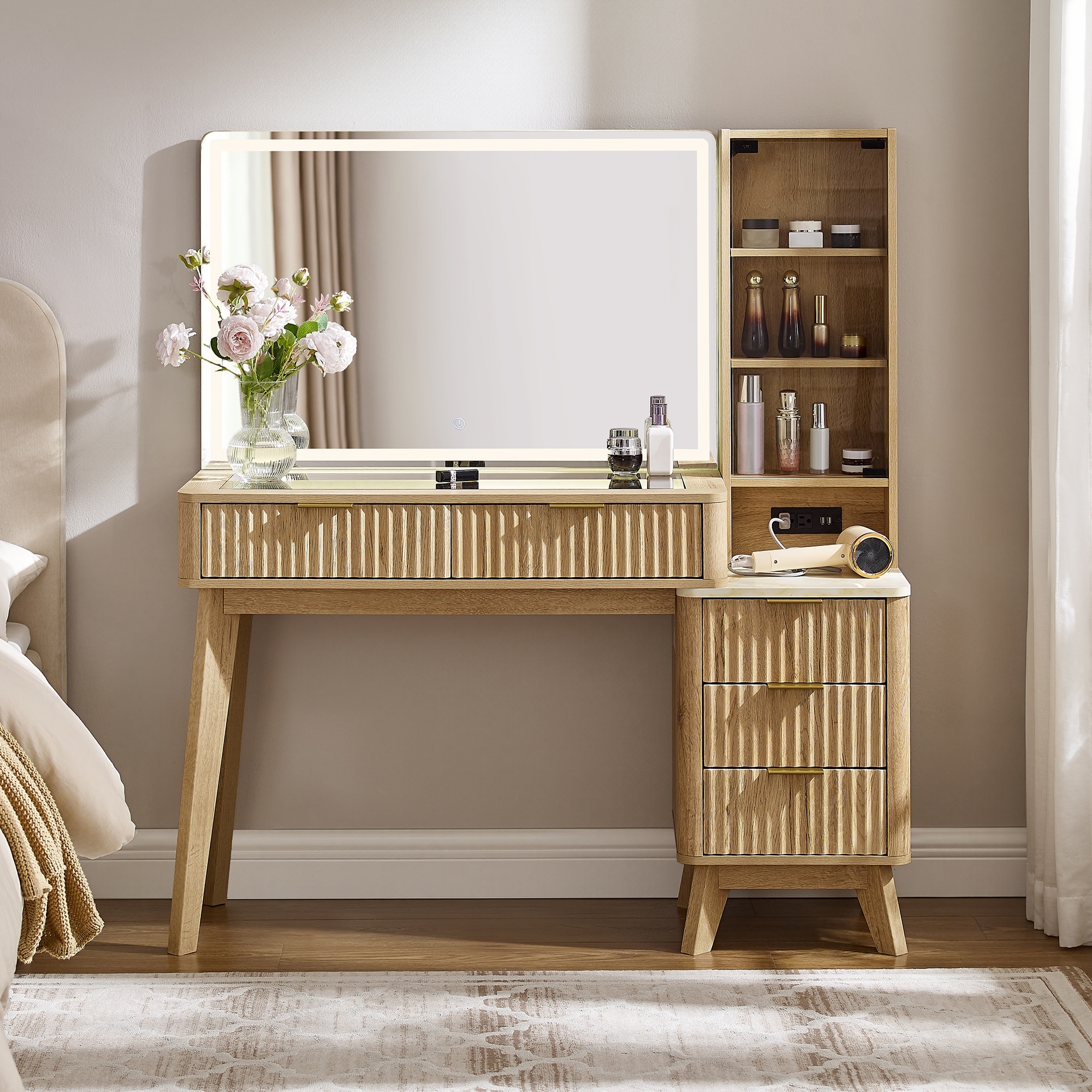 Fluted Makeup Vanity Desk with Large Mirror and Lights, Vanity Table
