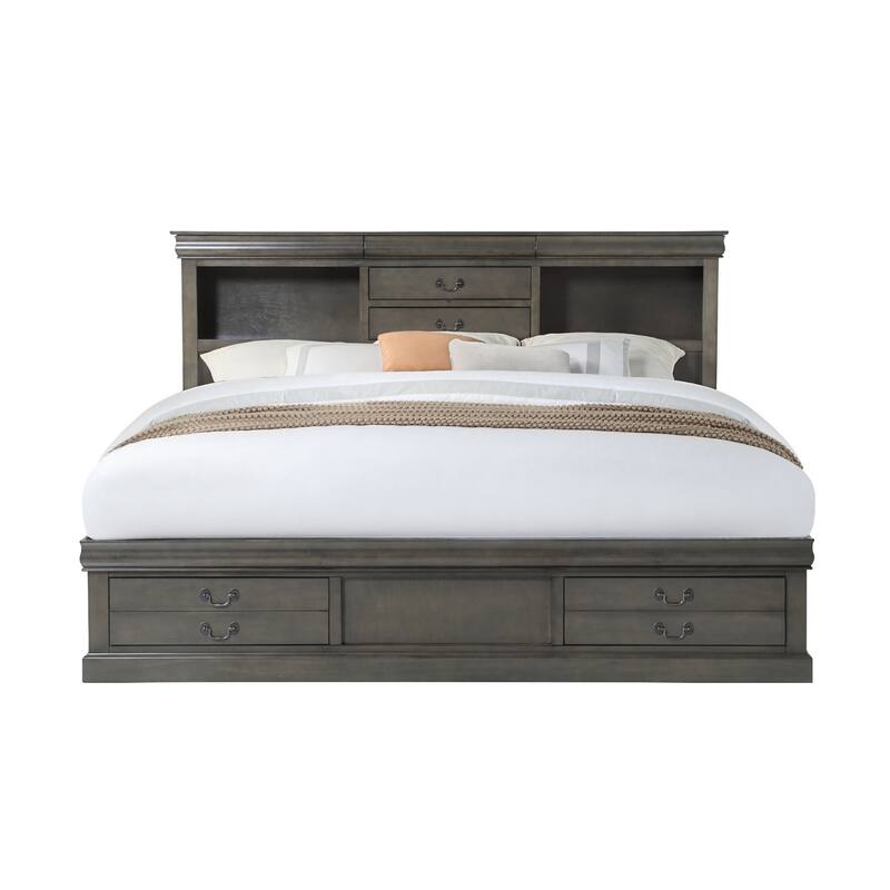 Wooden Queen Bed with Storage Space in Dark Gray