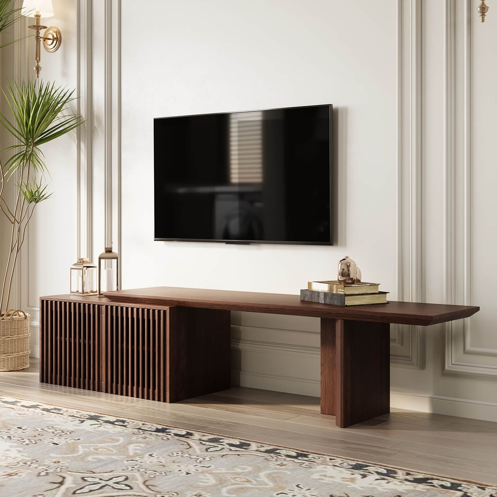 Modern Minimalist Entertainment Center TV Cabinet with Storage, 63-86.6-inch Extendable Unit - Walnut