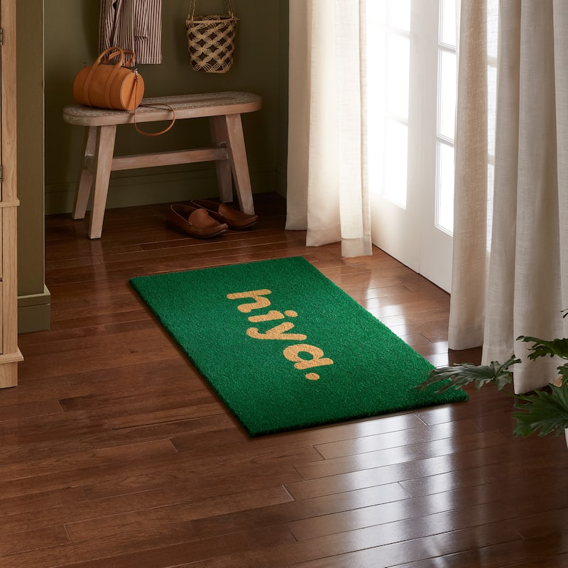 Town & Country Terra Hiya Painted Welcome Outdoor Door Mat, Natural Coir Mat - Green