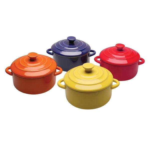 BW Brands Mini Casserole Pots - Set of 4 Stoneware Single Serve Baking Dishes with Lids, 8 Ounces Each, Multi-Colored