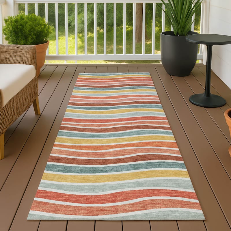 Machine Washable Indoor/ Outdoor Contemporary Stripe Chantille Rug - Coral - 2'3" x 7'6"