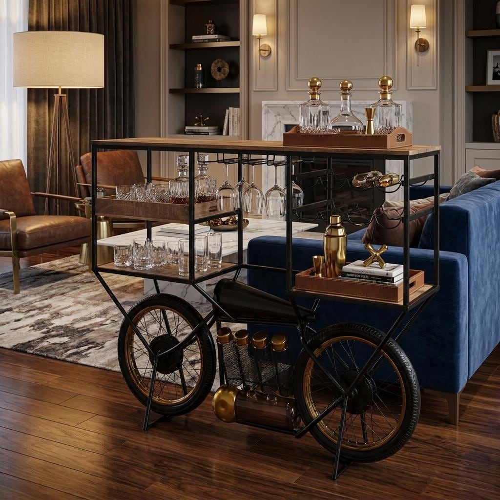 HomeRoots Brown and Black Metal And Solid Wood Bar Cart With Wine Storage - 65.00 in. x 50.00 in. x 14.50 in.