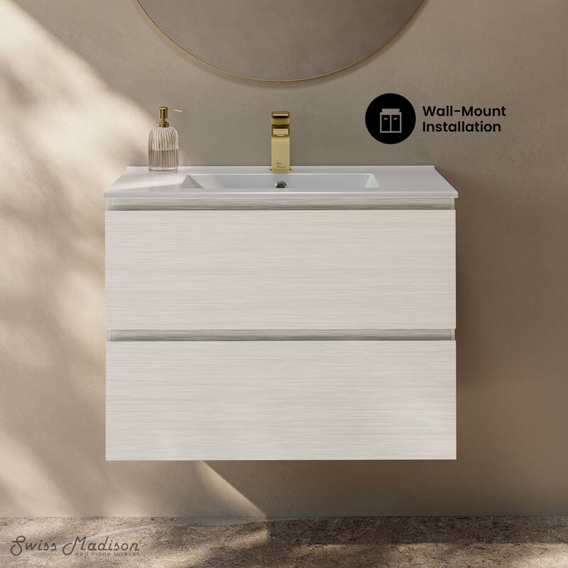 Liberte 30" Wall-Mounted Bathroom Vanity In White Oak With Sink Top - 30