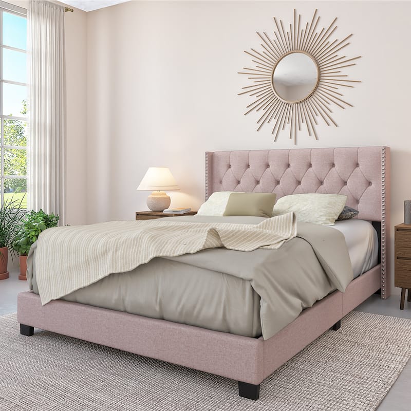 Bardy Upholstered Button-tufted Wingback Bed - Queen or King - Blush - Queen