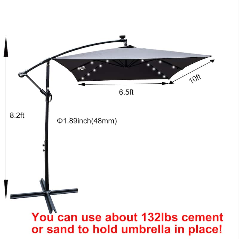 Rectangle 2x3M Patio Umbrella Solar Powered LED Lighted Sun Shade Market Waterproof 6 Ribs Umbrella with Crank and Cross Base