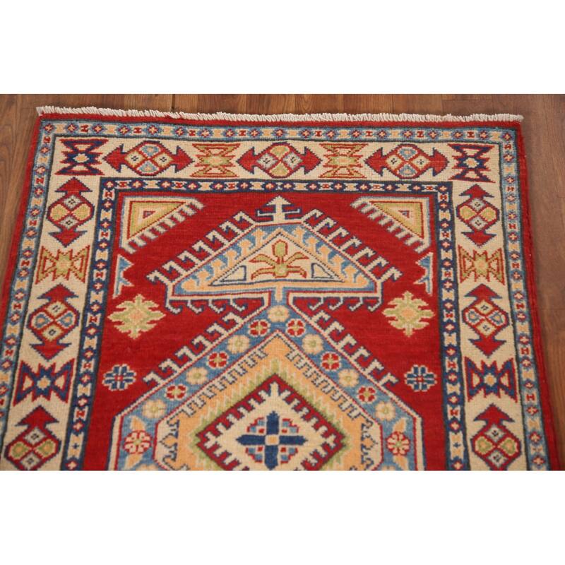 Geometric Kazak Oriental Accent Rug Hand-Knotted Red Wool Carpet - 2'7"x 3'8"