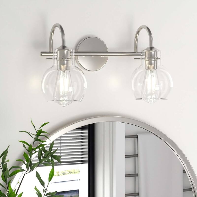 Modern 2/3/4 Bathroom Vanity Lights Clear Globe Glass Shade - 2-Light/11" - Silver