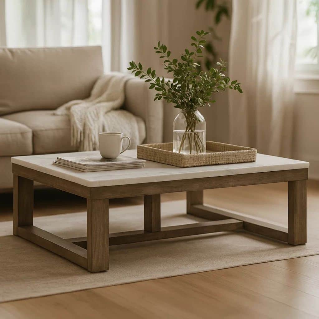 Aska Cocktail Coffee Table, Block Profile, Marble, 56 Inch Taupe Gray