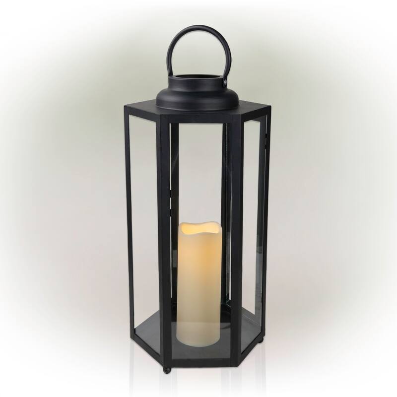 Alpine Corporation 18" Tall Outdoor Hexagonal Battery-Operated Metal Lantern with LED Lights, Black