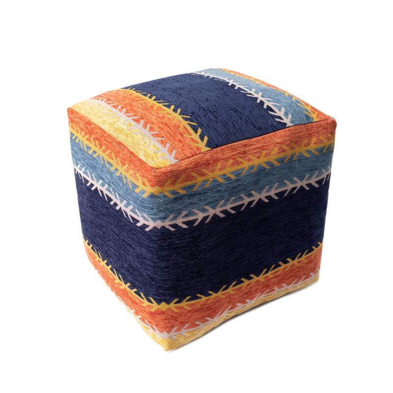 18-Inch Striped Pouf Ottoman for Living Room or Bedroom - Blue-Orange