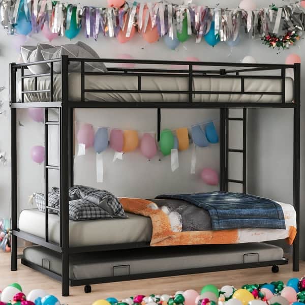 slide 2 of 27, Modern Twin Over Twin Bunk Bed With Trundle,Two Ladders,Durable Metal Frame, Black