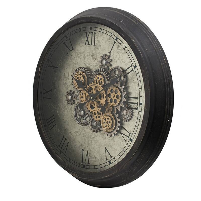 28 Inch Wall Clock, Round Vintage Gear Design, Gold and Dark Brown Finish