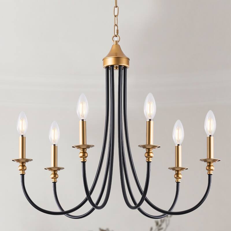 6-Light Farmhouse Antique Candlestick Dining Room Chandelier Fixture - Black+Spray-painted Gold