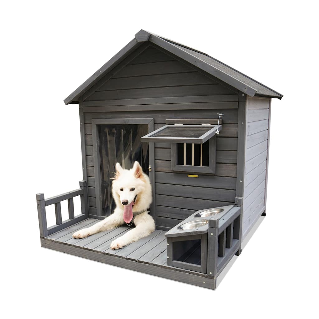 Large Dog House Asphalt Roof Dog Room with Large Terrace Weatherproof Complimentary Dog Bowl Dog Kennel