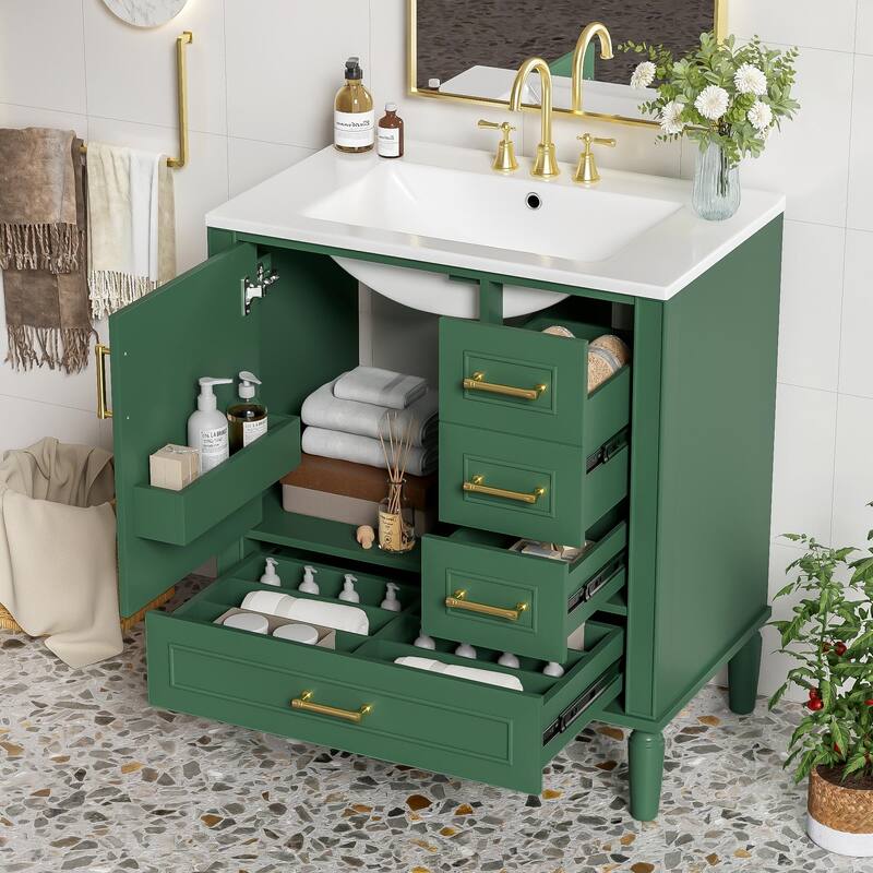 30" Bathroom Vanity with Ceramic Sink, Soft-Close Door, Built-in Shelf & Ample Storage - Green