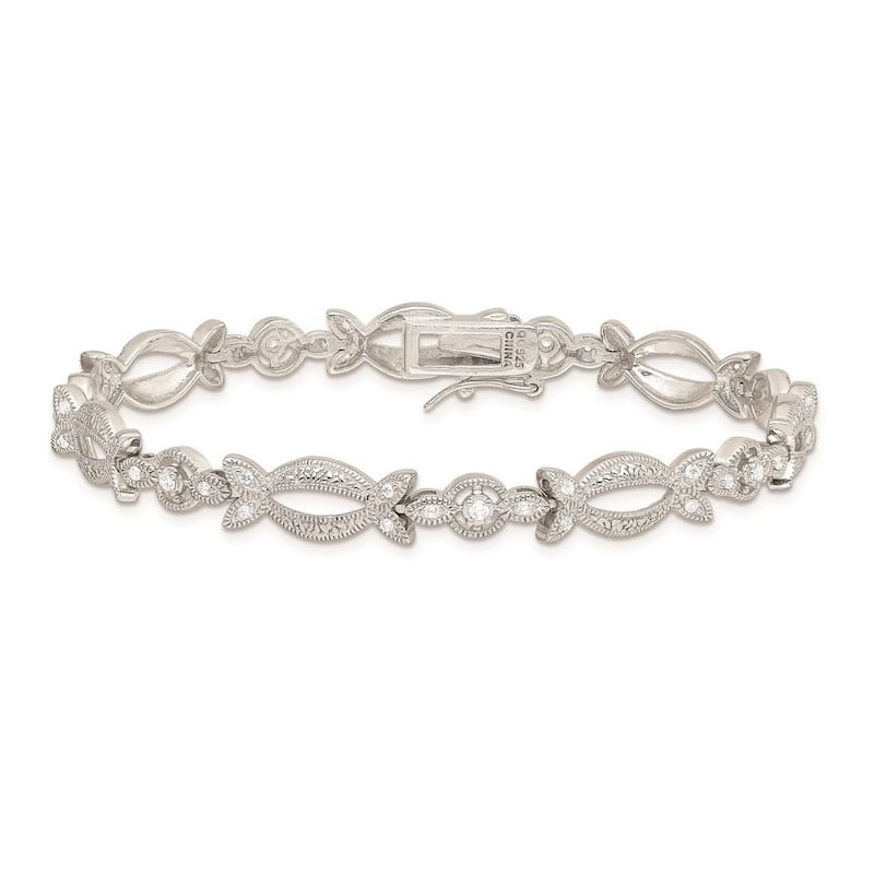 Curata 925 Sterling Silver Textured Polished Open back Box Catch Closure CZ Cubic Zirconia Simulated Diamond Bracelet 7.25 Inch