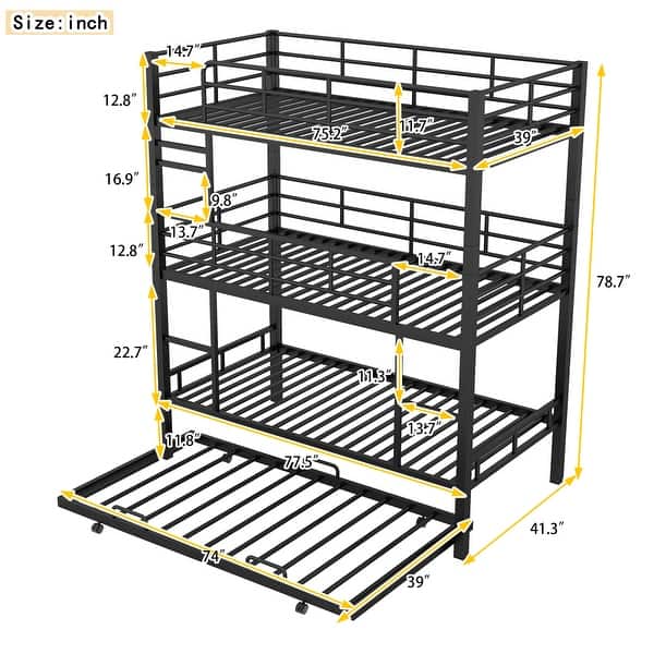 dimension image slide 1 of 3, Metal Twin Size Triple Bunk Bed with Trundle for Space Saving