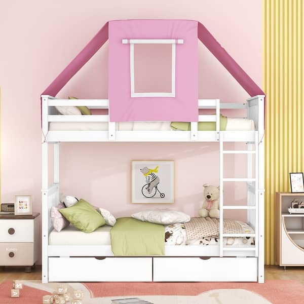 slide 2 of 58, Twin Over Twin Playhouse Style Castle Style Bunk Bed Wooden Bed Frame with Tent and 2 Drawers (No Box Spring Needed) White/Pink - Twin