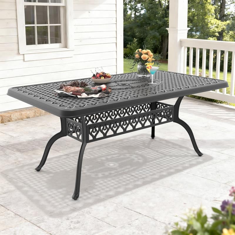 66.93 inch Black Rectangle Cast Aluminum Patio Table with Umbrella Hole