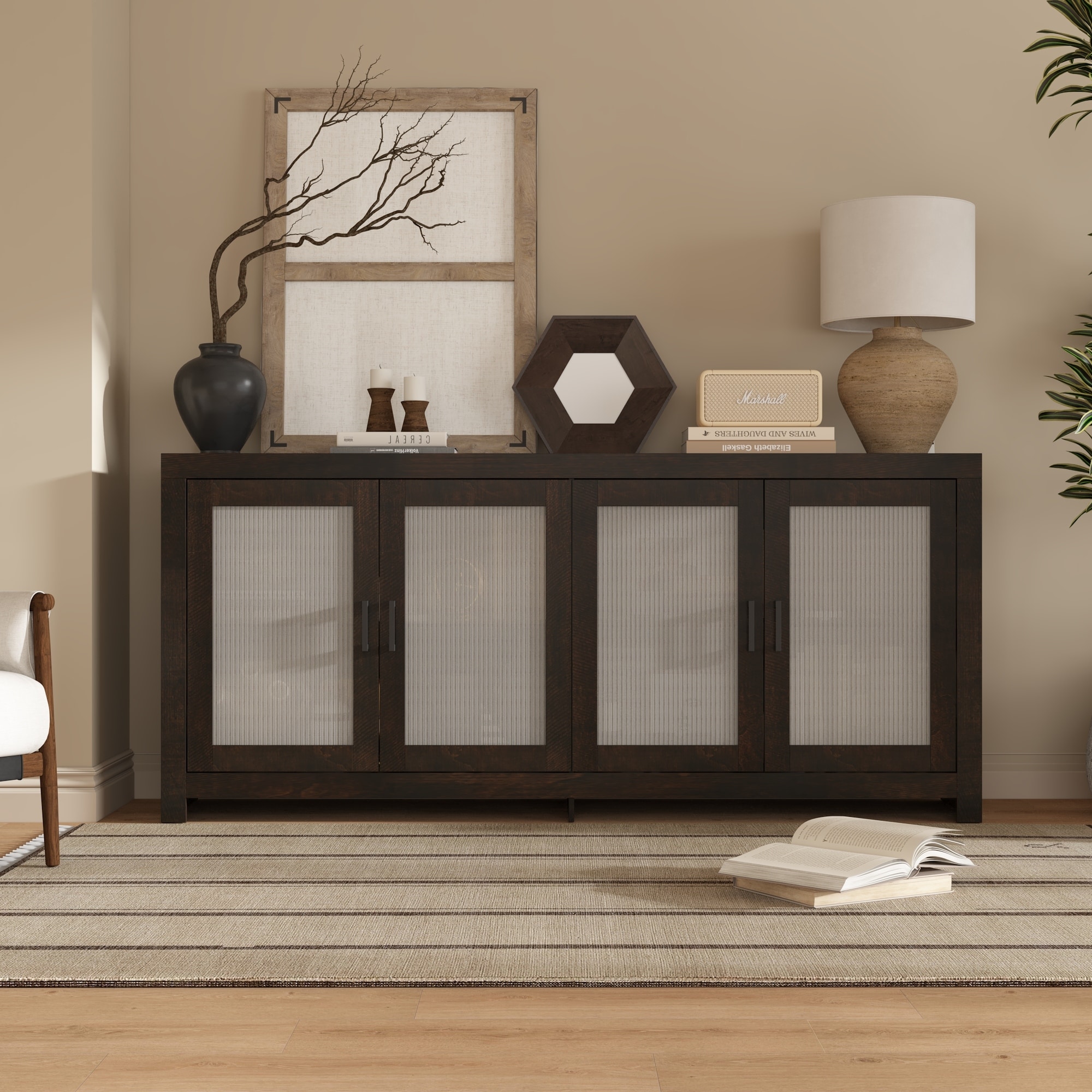 Acrylic Doors Creative White/Brown Buffet Sideboard Bookcase Accent Storage Cabinet: Elegant Storage with Rich Wood Grain Finish