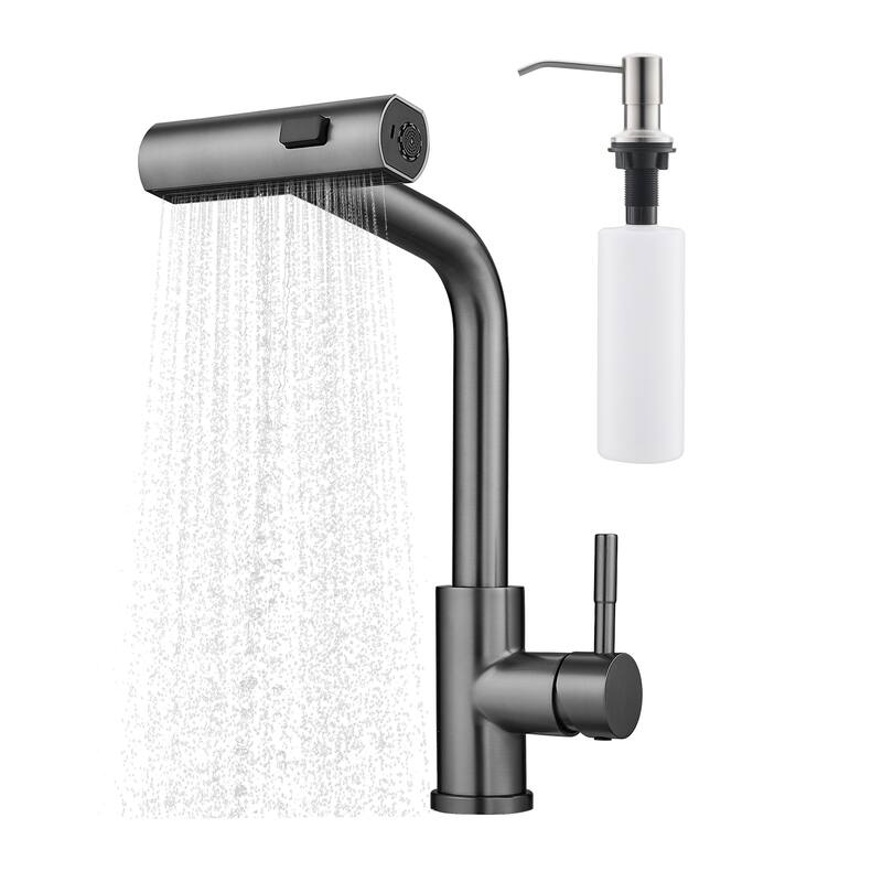 Waterfall Single Hole Kitchen Faucets with Soap Dispenser, Pull Down Sprayer and cUPC Supply Lines - Gun Gray
