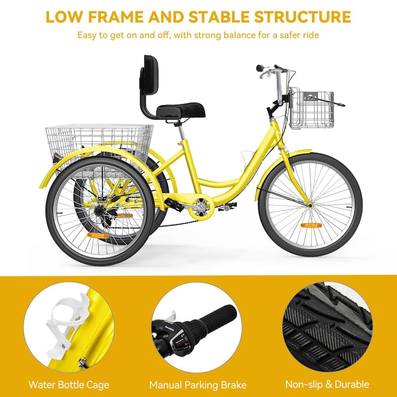 24"/26" Yellow Adult Tricycle 7 Speed Trike Bike with Shimano Shifting with Removable Baskets